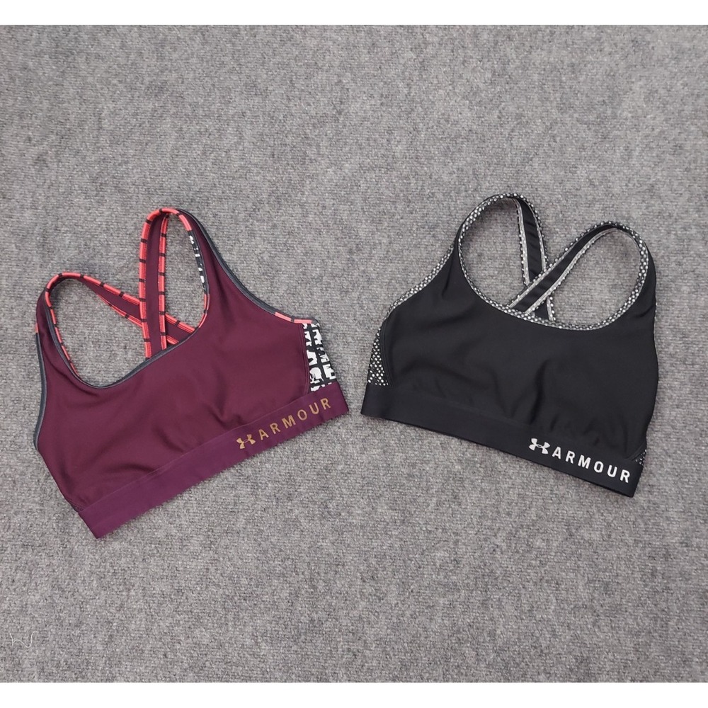 Lot 2 UNDER ARMOUR Sports Bra Medium Compression Black Burgundy Cross Back Gym
